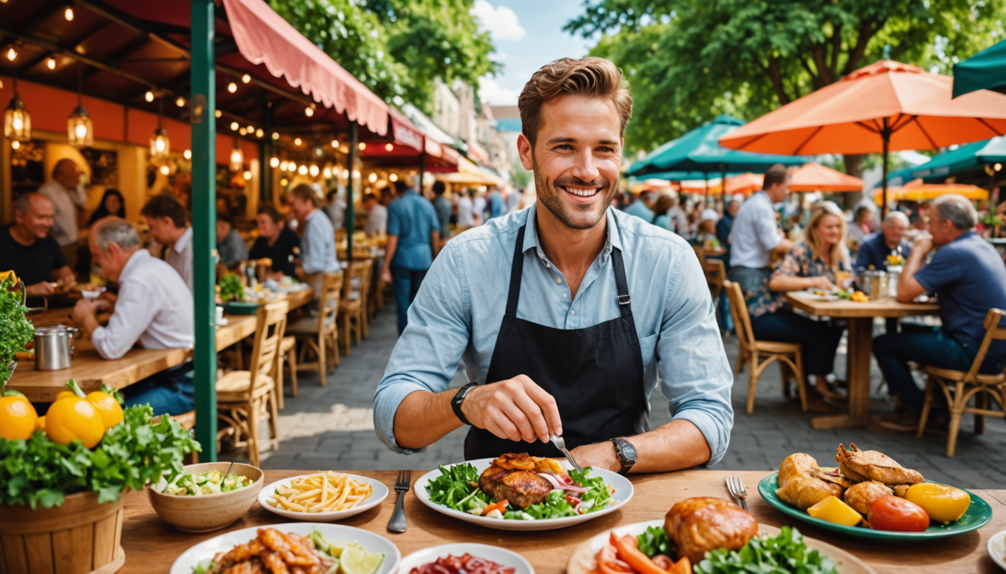 A performer enjoying gourmet food, vibrant outdoor market setting.