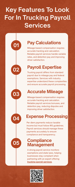 Key features to look for in trucking payroll services include accurate mileage and pay calculations, tax compliance support, driver classification management, and timely reporting. Automated deductions, clear pay statements, and regulatory updates help reduce errors. Partnering with an expert offering trucking payroll services ensures efficiency, compliance, and reliable payroll processes that support smooth operations and driver confidence. To know more visit here https://www.truckersprocpa.ca/trucking-payroll-services