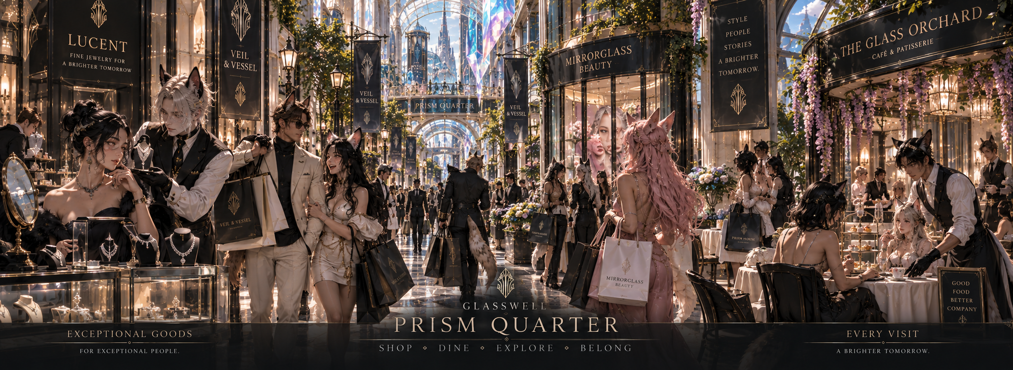 Daily shopping and service life in Glasswell's Prism Quarter.