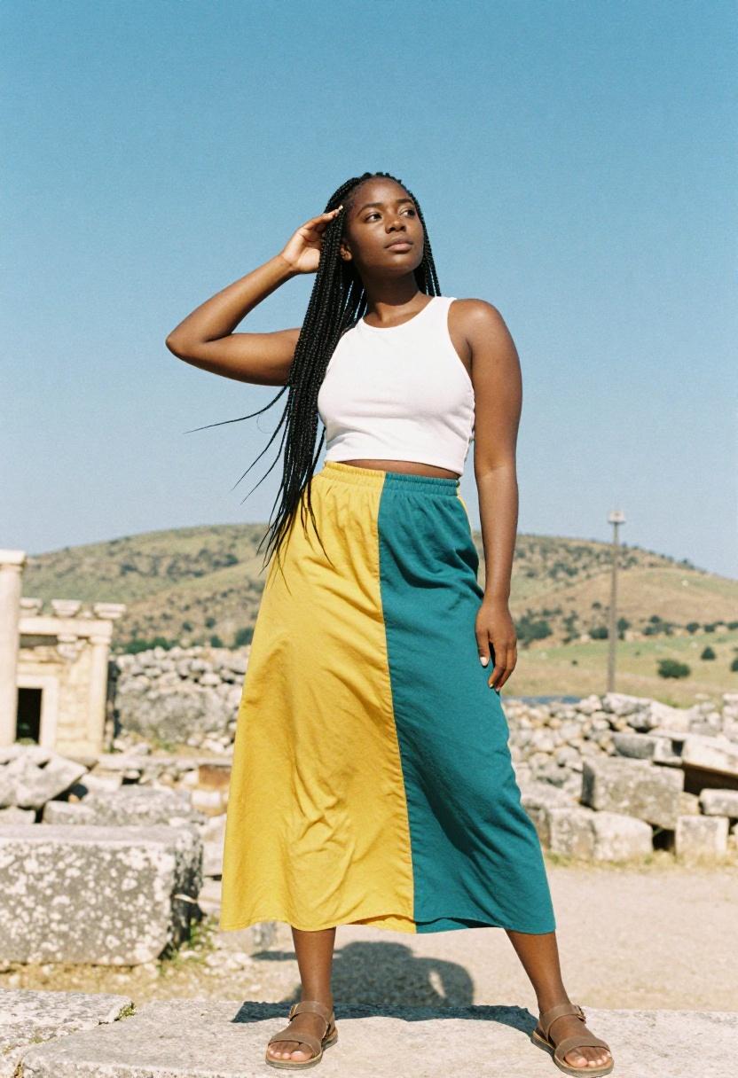 Saffron and teal colorblock maxi skirt against ancient stone ruins
