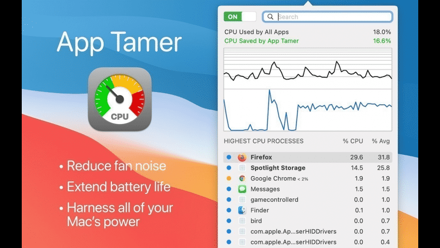 App Tamer Mac — CPU usage list with per-app throttling and AutoStop controls