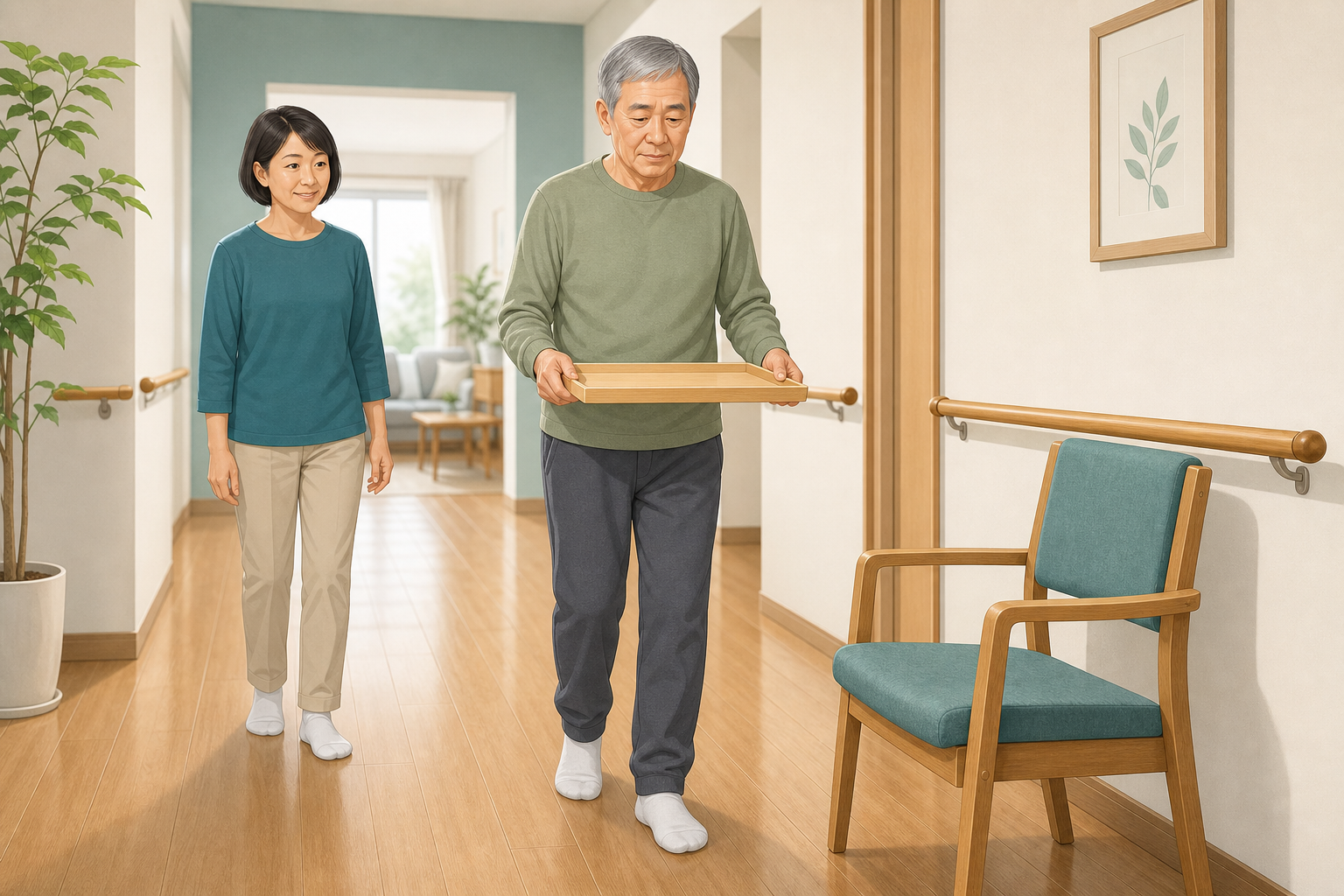自宅の安全な環境でトレーを持ちながら歩く練習の様子