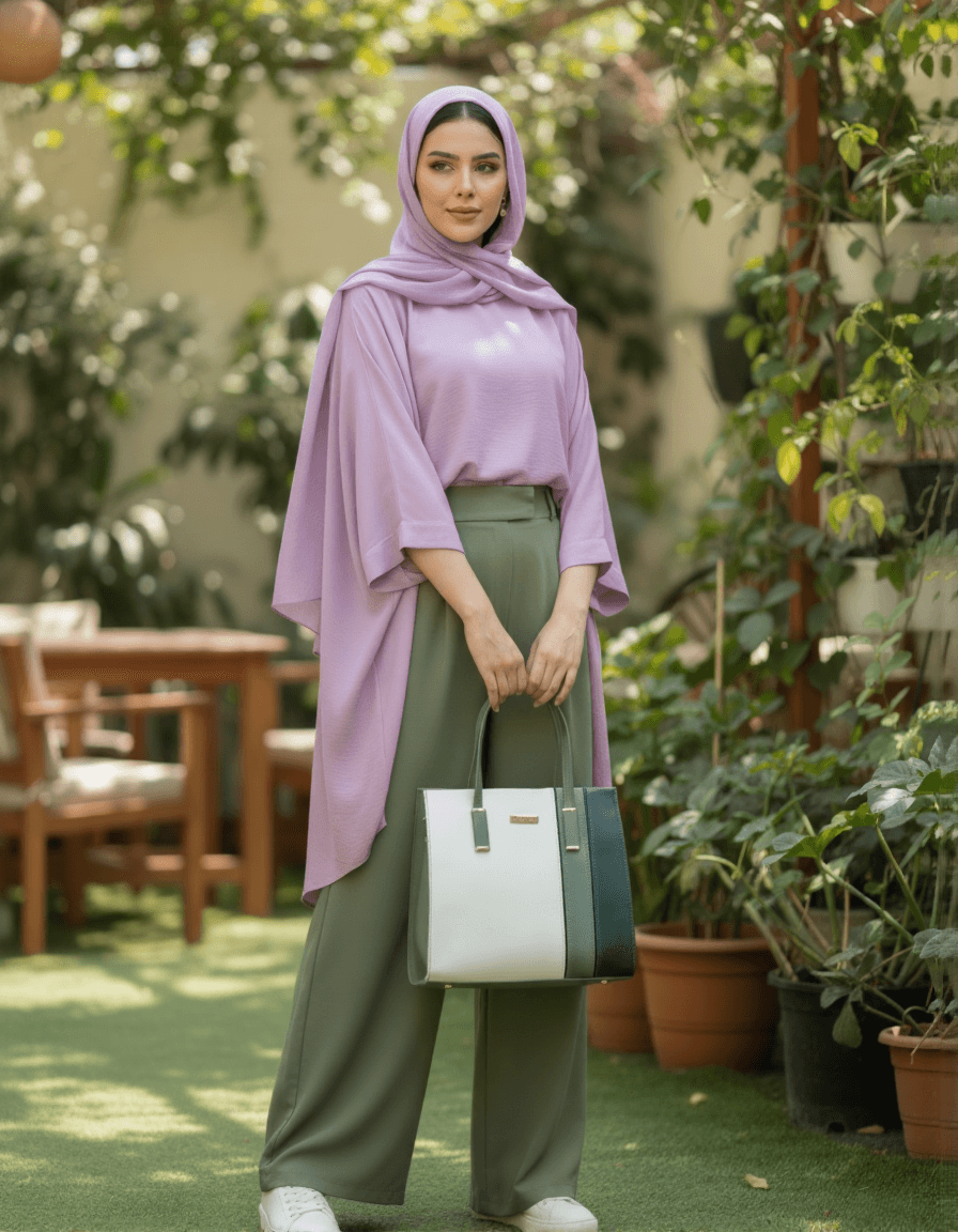 تنسيق اللون البنفسجي الفاتح مع الأخضر الزيتي وحقيبة أولڤا من ڤايانا - إطلالة عصرية مستوحاة من الطبيعة