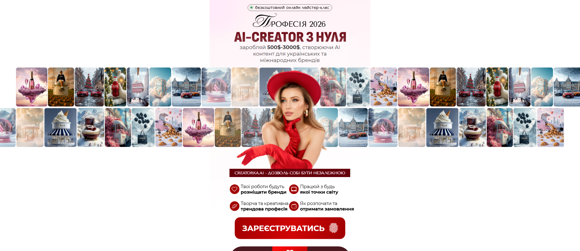 Forensic screenshot of creatorka.ai showing the phishing page layout