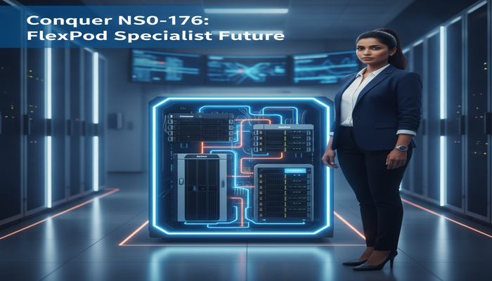Conquer NS0-176: FlexPod Specialist Future A confident IT professional in a sleek, modern data center, overseeing glowing Cisco UCS, NetApp, and Cisco Nexus FlexPod converged infrastructure, with the title 'Conquer NS0-176: FlexPod Specialist Future' prominently displayed.
