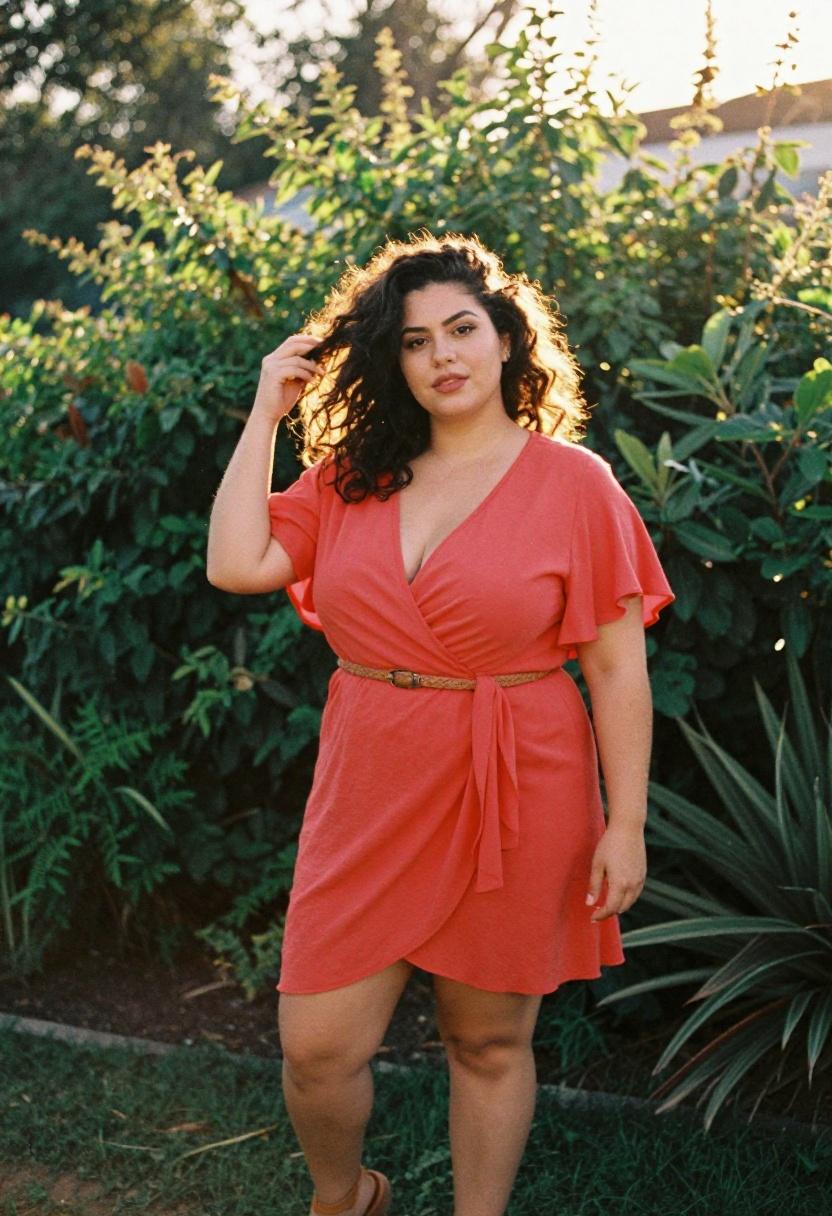 Coral wrap midi dress with flutter sleeves in a sun-drenched garden setting