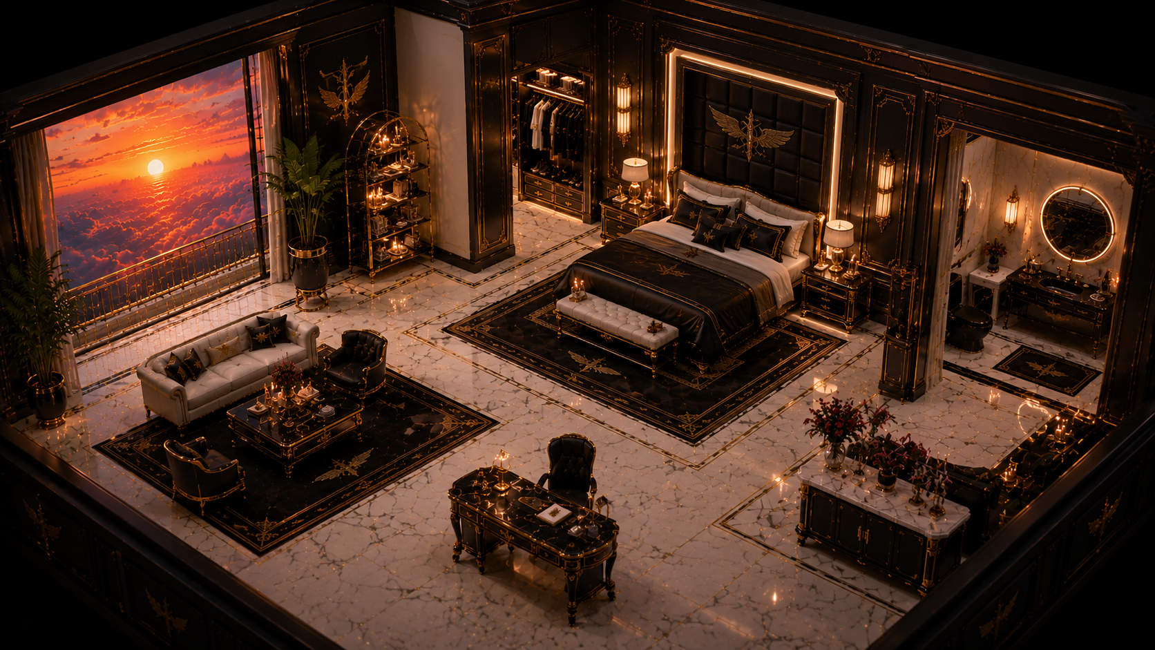 Guest Room on floor two of Apollo's Skyward Residence, with black and gold bedroom furnishings, sitting area, vanity, and sunset view