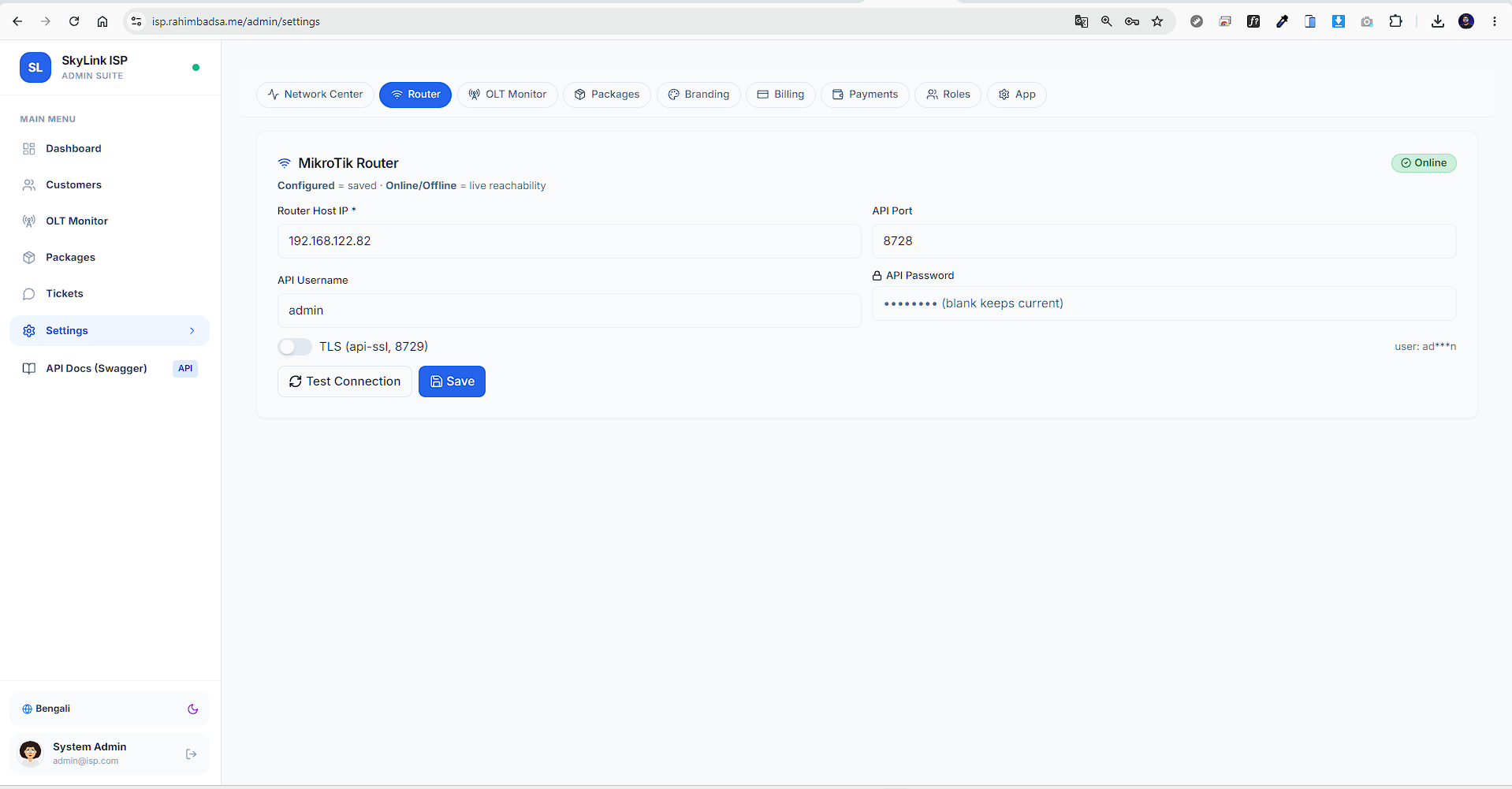 MikroTik RouterOS API Settings