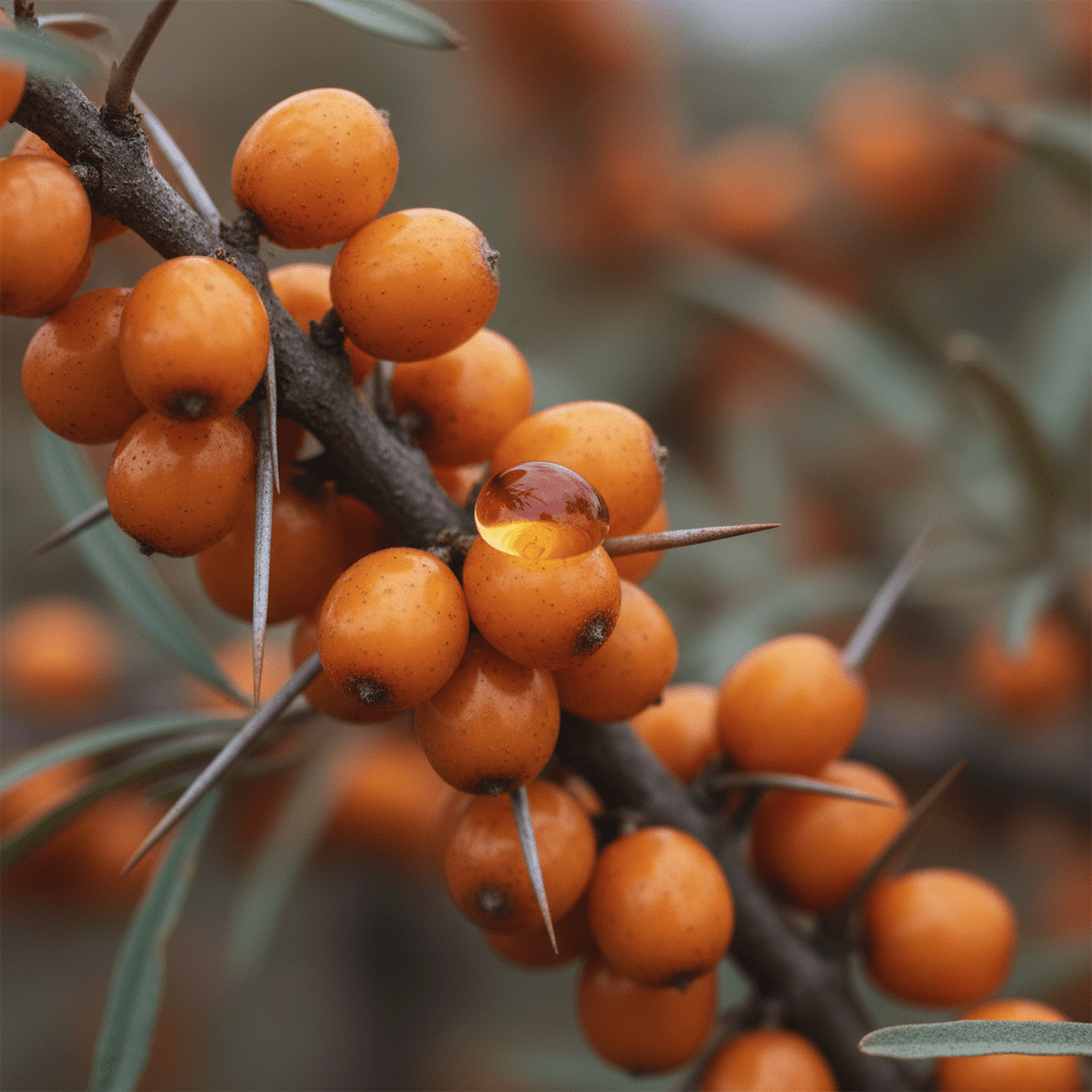 A sea buckthorn shrub with bright berries and a rich orange oil droplet