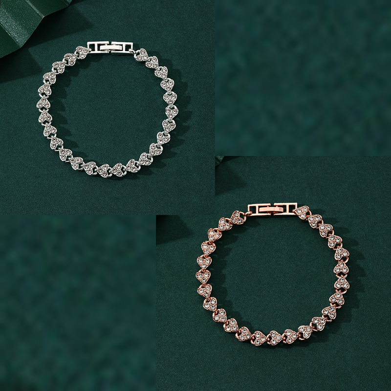 2-piece Silvery and Rose Gold Luxury Crystal Heart Tennis Bracelet - European Roman Style Pave CZ Diamond Link Chain - Elegant Gold Silver Rose Gold Plated Fashion Jewelry for Women