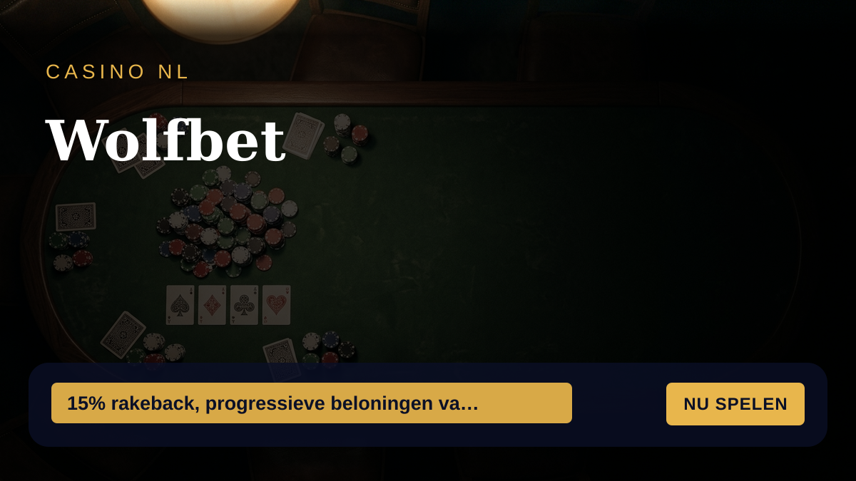 Wolfbet casino — welkomstbonus 15% rakeback, progressieve beloningen van $2,5, betalingen: Visa, Mastercard, Apple Pay, Google Pay, Bitcoin
