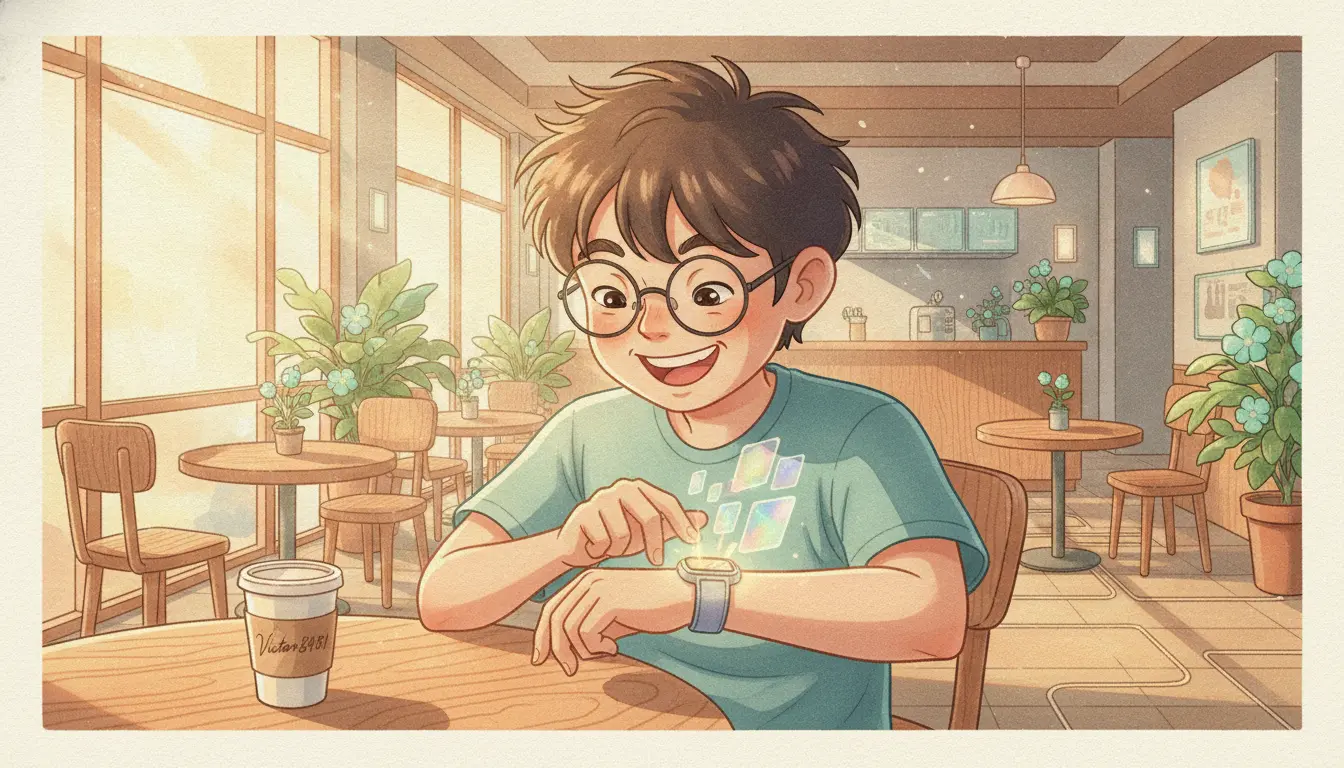 2026년 출시 예정인 갤럭시 워치 울트라2의 환상적인 홀로그램 인터페이스를 체험하는 리뷰어 일러스트