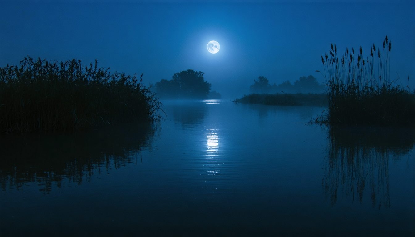 A dark river at night with a faint path of moonlight across the surface, reeds along the near bank and no one in sight.