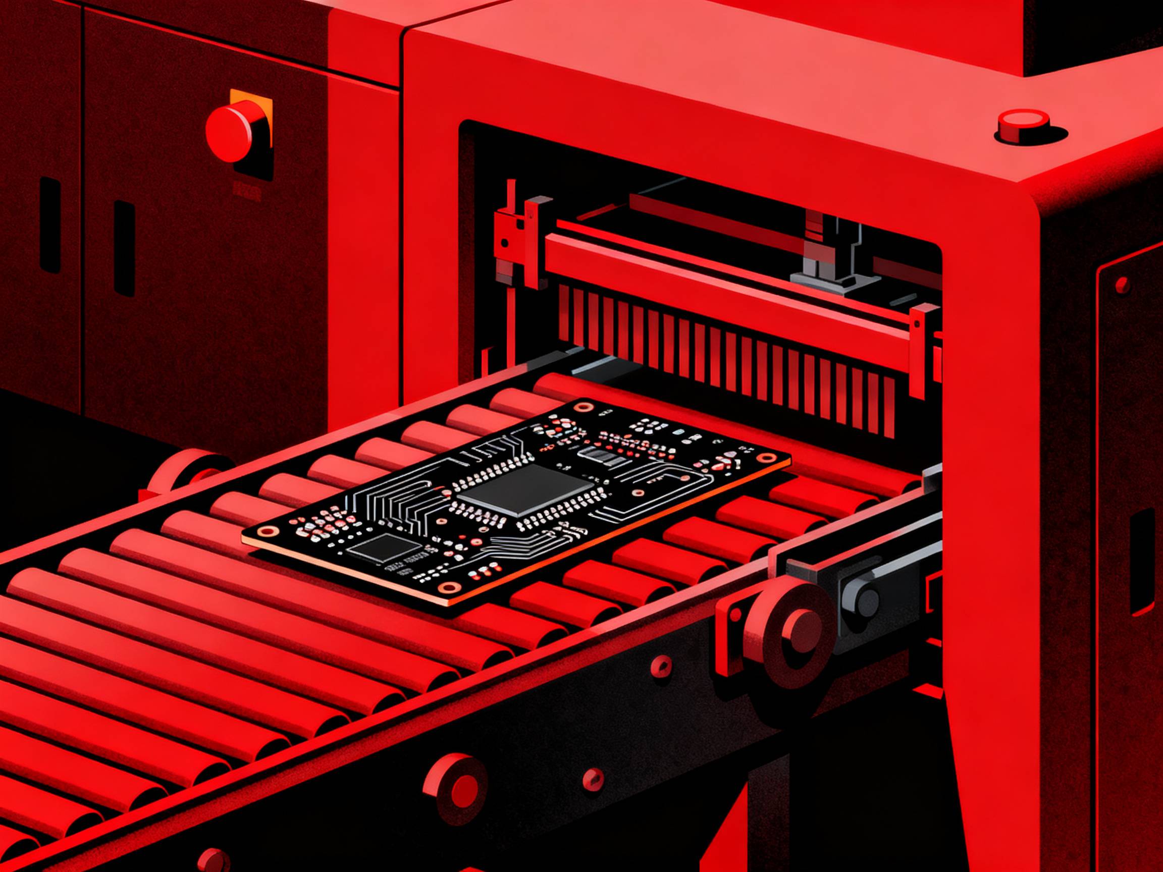 Automatic PCB Loader Machines: A Guide to Efficiency, Design, and Innovations - S&M Co.Ltd Conveyor line loading circuit boards into PCB loader.