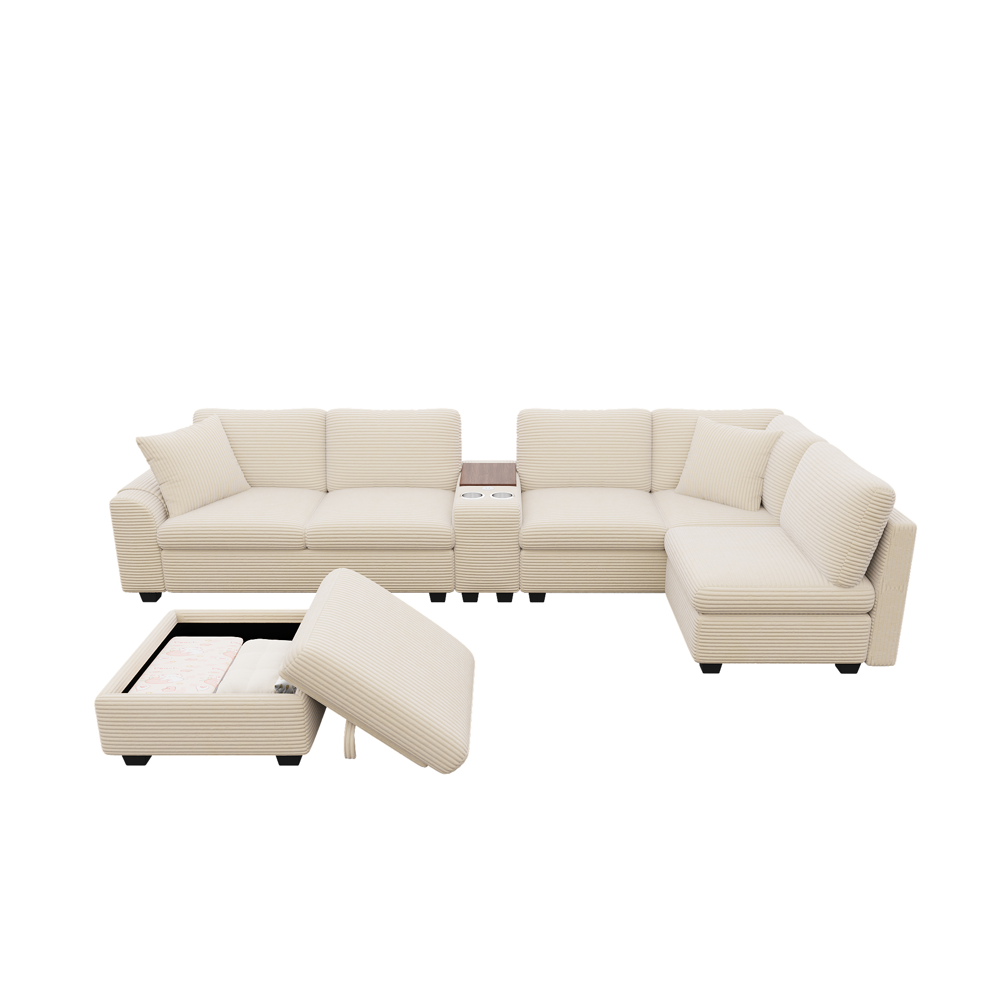 Canapé d'angle modulable beige sur fond blanc