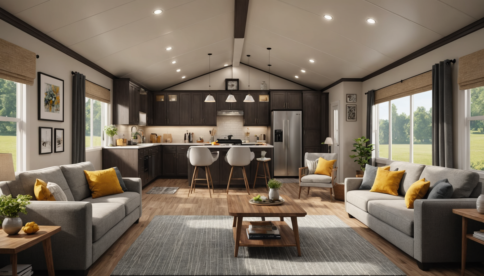 A cozy, stylish, modern mobile home interior
