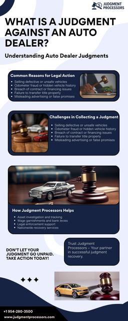 Judgment Processors specializes in handling judgment against auto dealer cases with precision and professionalism. If you’ve won a legal judgment against an auto dealer but struggle to collect, our experienced team works to locate assets, enforce court orders, and recover what you’re owed. We understand the complexities involved in dealer-related disputes and use proven strategies to maximize recovery. With a commitment to transparency and results, Judgment Processors helps turn your court victory into actual financial compensation quickly and efficiently. https://judgmentprocessors.com/judgments-against-used-auto-dealers/