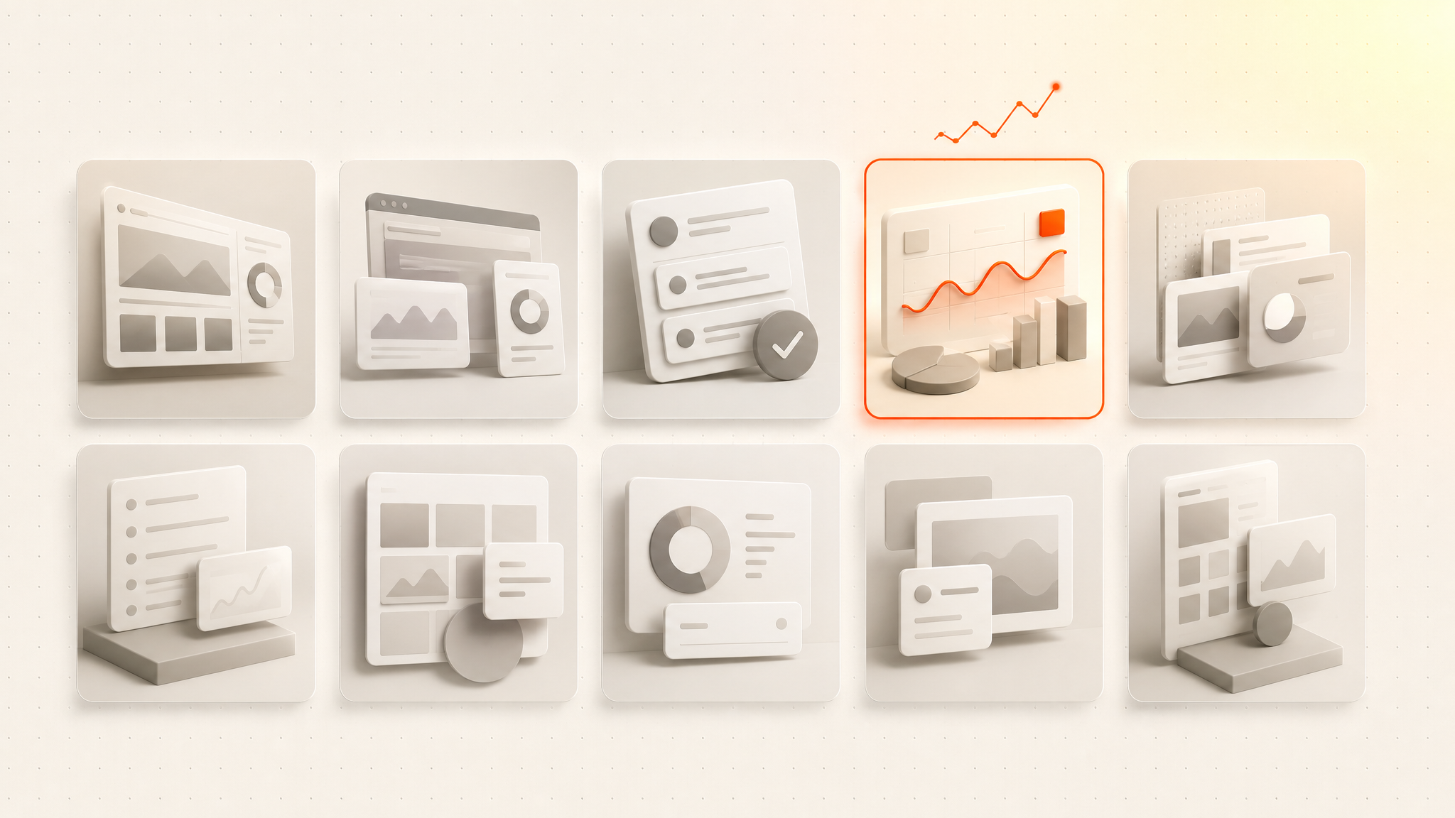 A grid of ad creative thumbnails with the winning variation highlighted by an upward chart