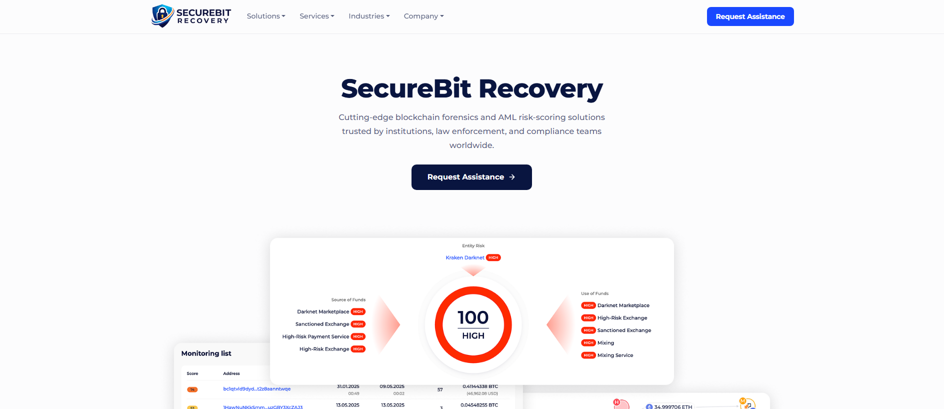 Forensic screenshot of securebithelp.com showing the phishing page layout