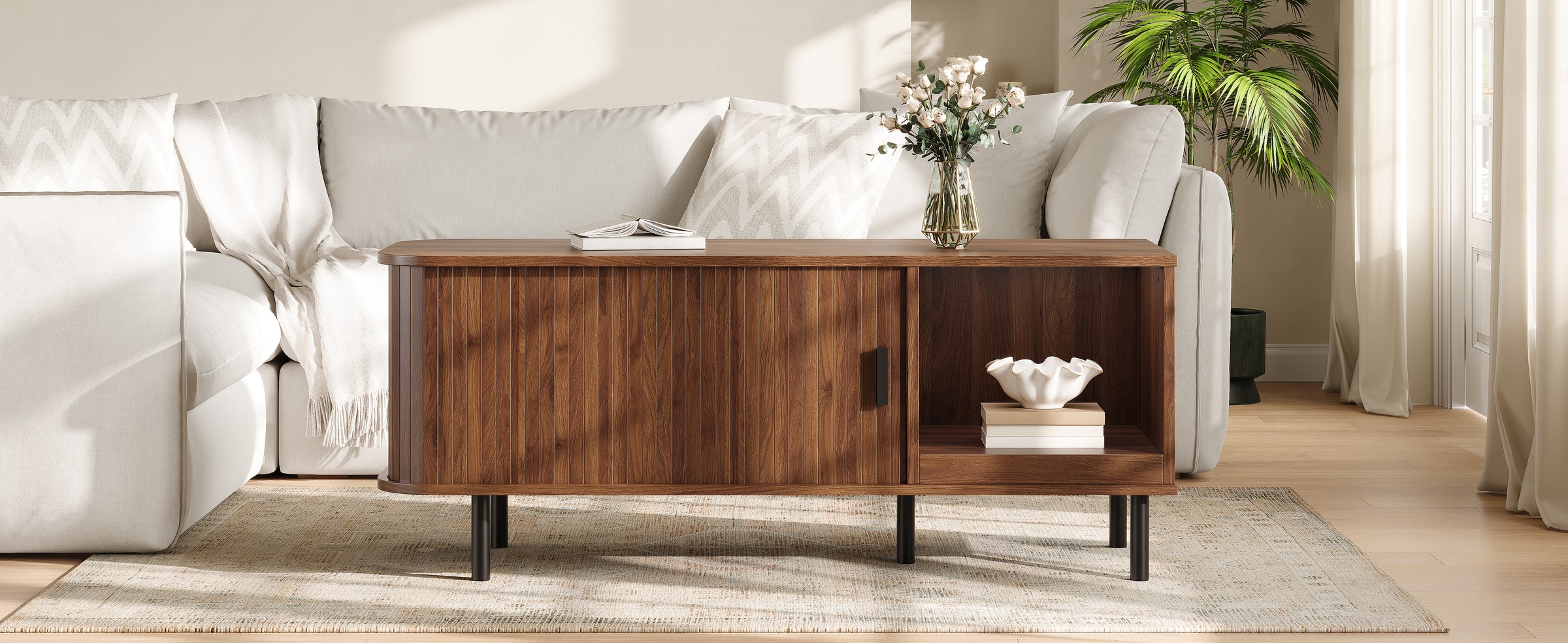 Table Basse Noyer, Rangement, Portes Coulissantes, Design Moderne, Angles Arrondis, Structure Robuste - 110x40x55cm - Salon 2