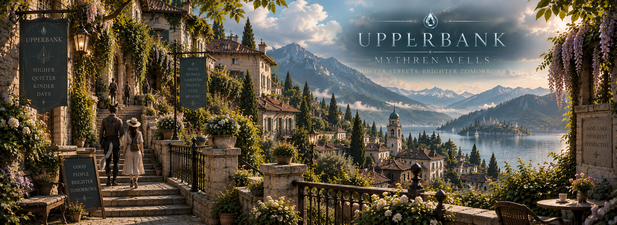 Quiet hillside streets, gardens and lake overlooks in Upperbank, Mythren Wells.