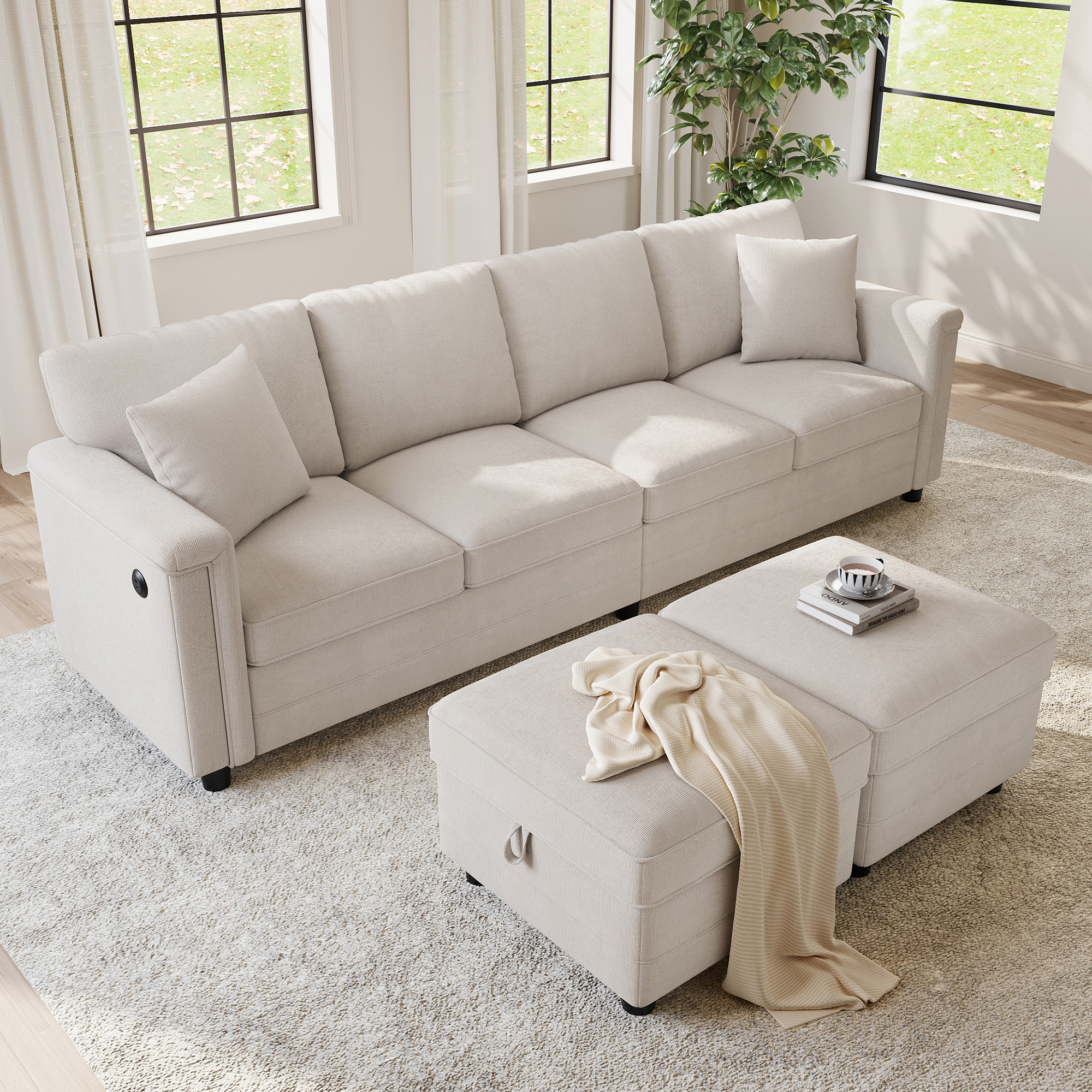 Canapé d'angle convertible beige dans le salon