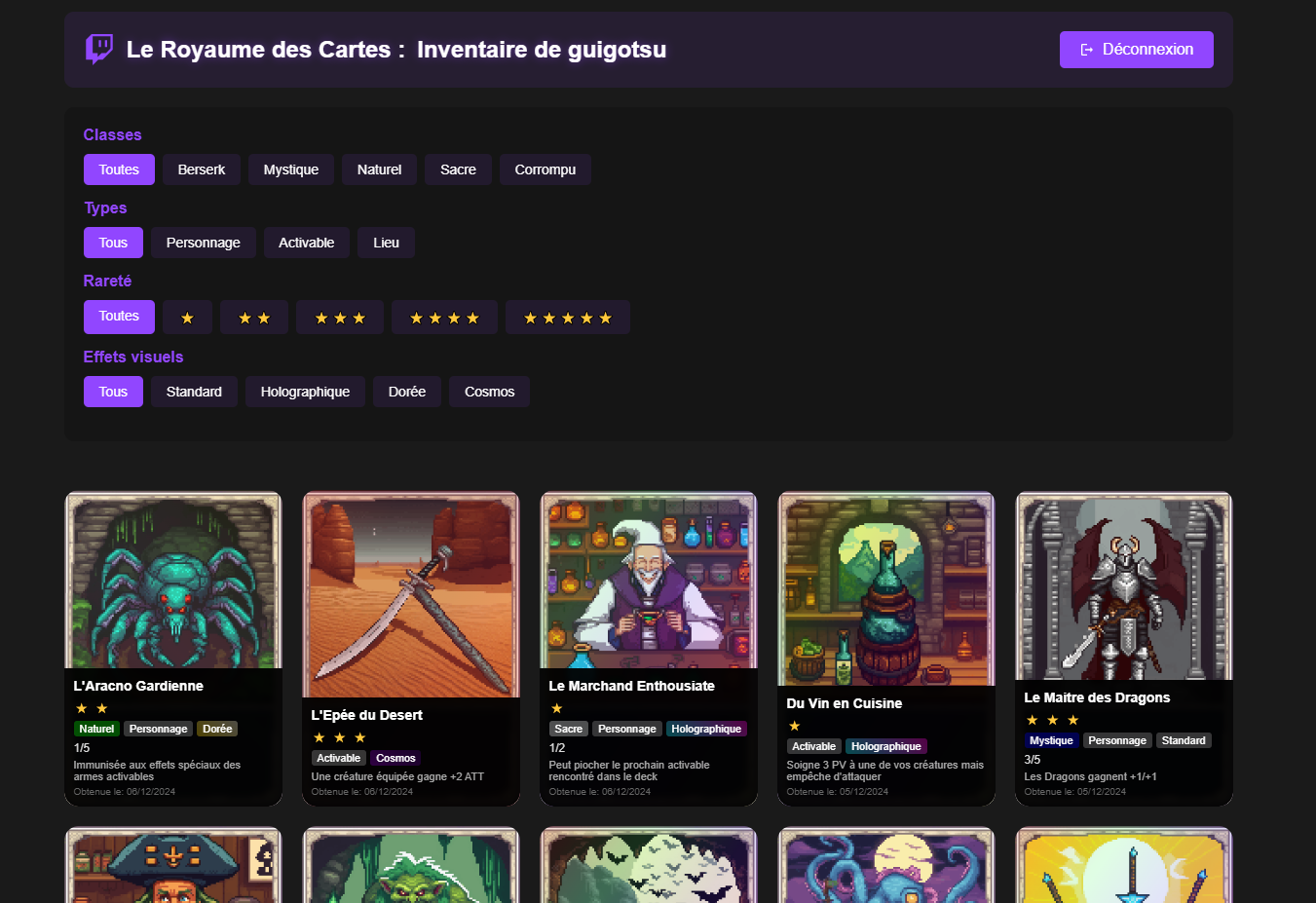 Prototype de l'inventaire d'une personne pour le Royaume des Cartes