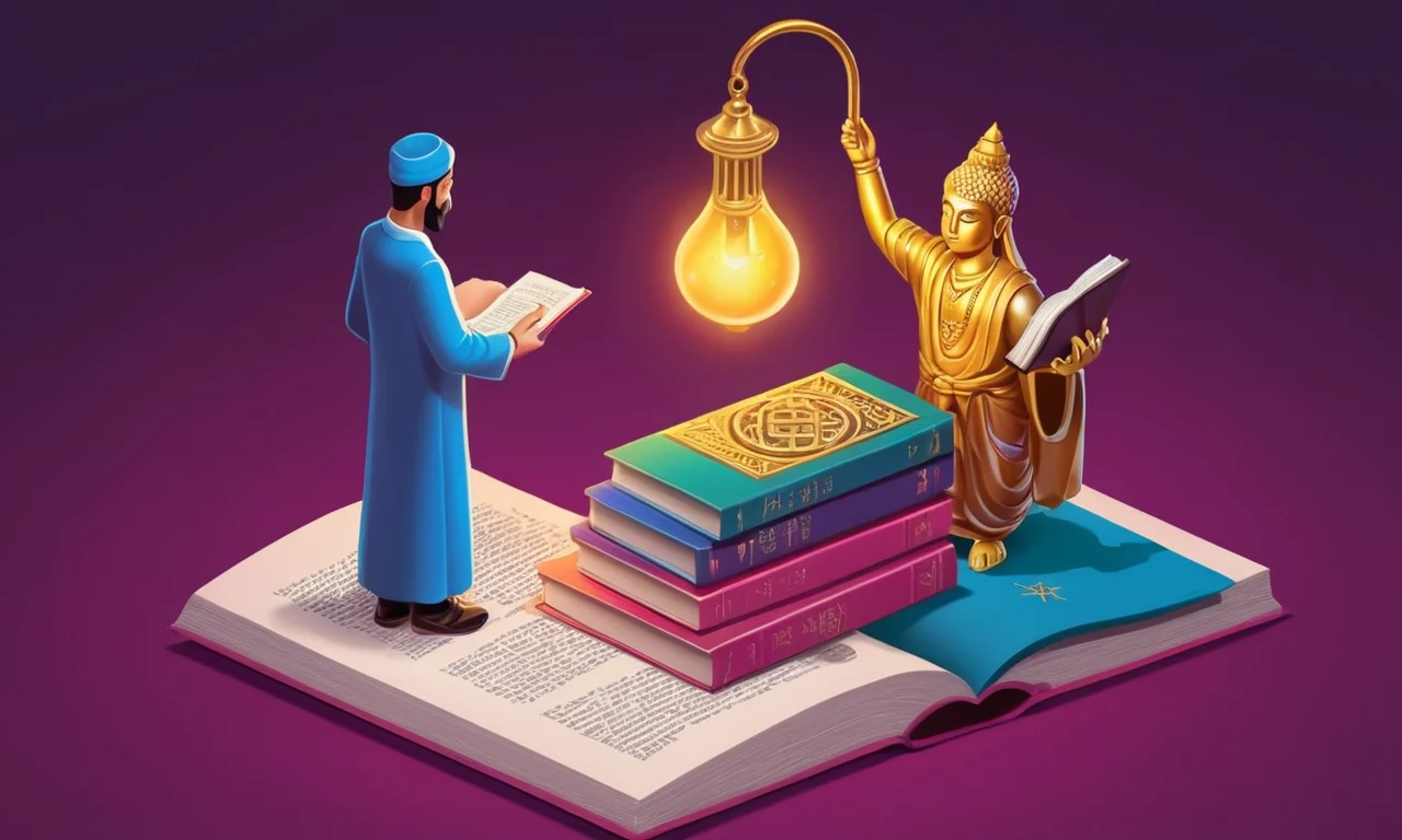 Una persona con un libro y una lámpara, con símbolos de diferentes religiones en el fondo.