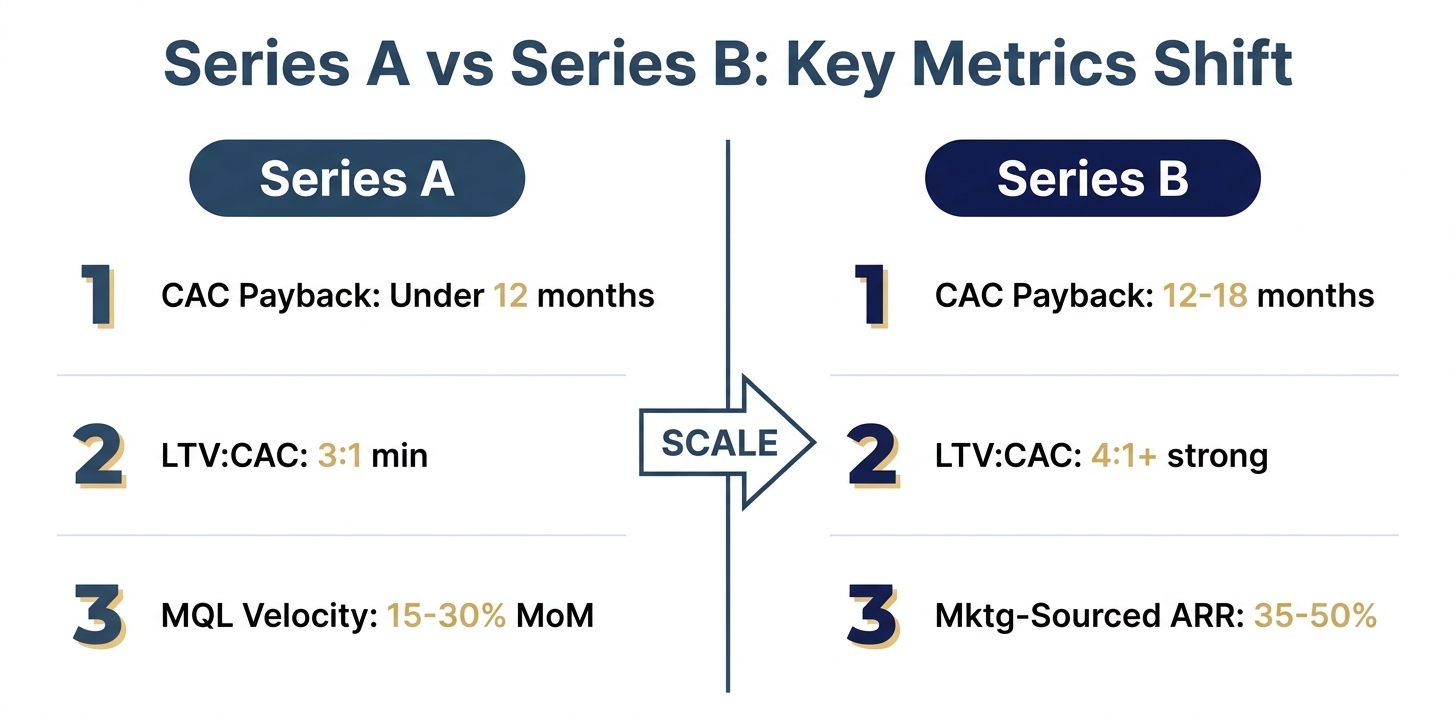 Side-by-side comparison of Series A versus Series B key marketing metrics and benchmarks