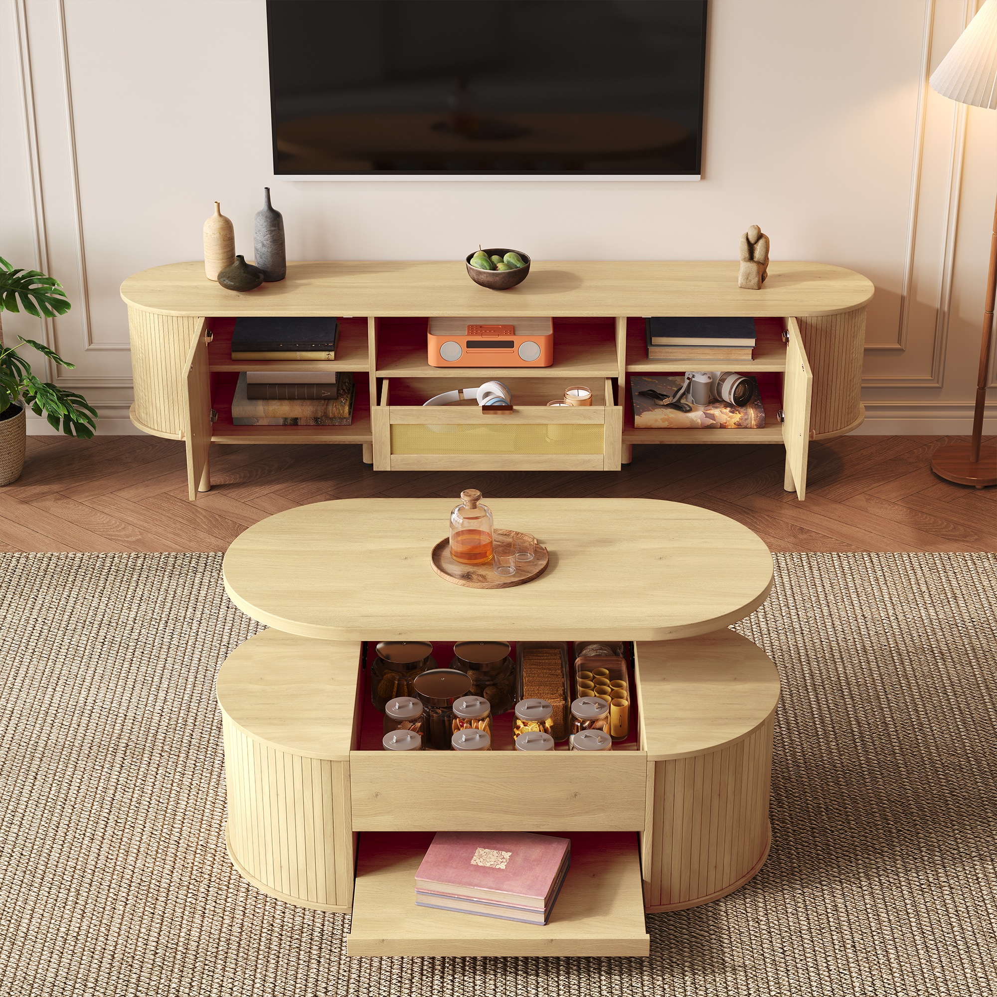 Meuble TV Naturel, Rangement, Gestion des Câbles, Étagères Réglables, Plan Relevable, Étagère Extractible - Panneau composite de fibres de bois à densité - 110x55.5x40cm 4