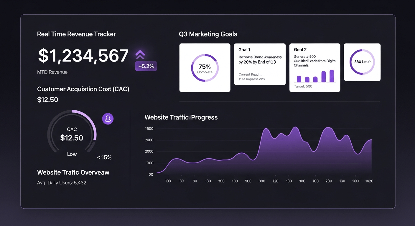 A digital dashboard displaying marketing KPIs and SMART goals with glowing purple charts.