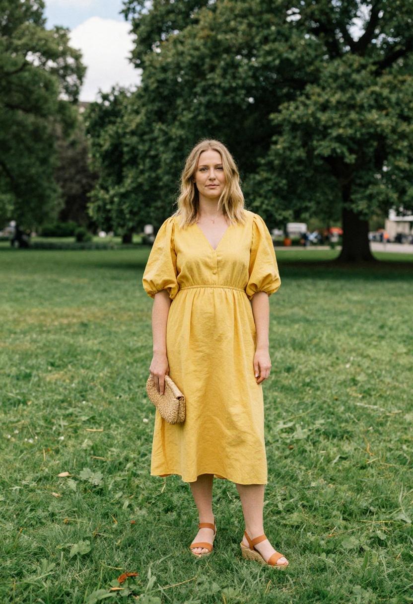 Saffron yellow linen midi dress with puff sleeves and rattan accessories for outdoor summer wedding