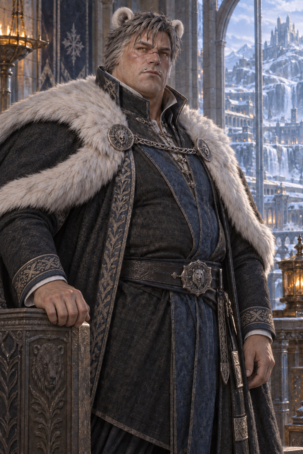 Duke Ramiro Villarroel, a broad polar bear demi-human with river-stone hair, marigold eyes, bear ears, facial piercings, and a scar across his nose.