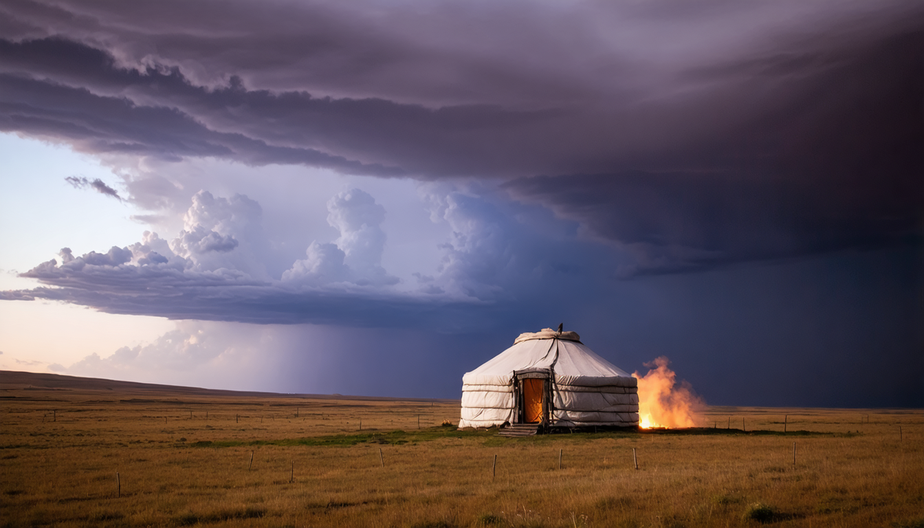 A solitary nomadic felt tent on a vast empty steppe under a dark stormy sky at dusk.