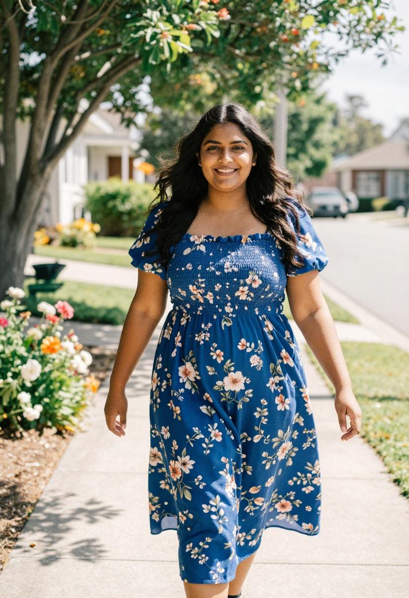 Plus size woman in cobalt blue smocked floral midi dress walking on a spring sidewalk