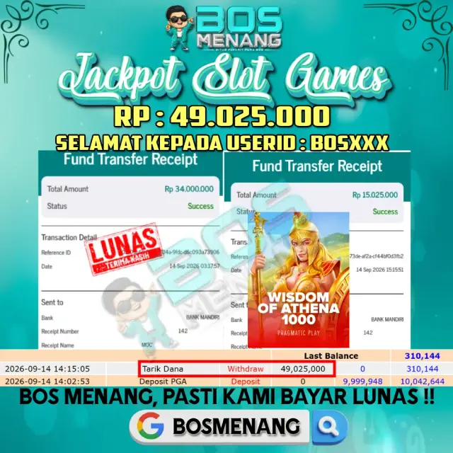 Bukti JACKPOT Tanggal 14 SEPTEMBER 2026 - MENANG SLOT GAMES - Wisdom Of Athena 1000 (Pragmatic Play) Rp 49.025.000,-