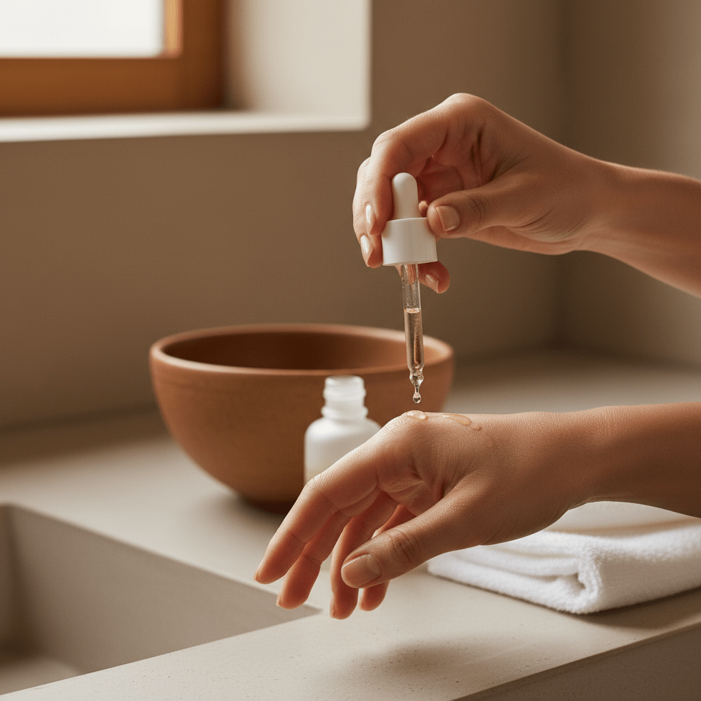 Cold-pressed amla seed oil bottle in a minimalist bathroom setting