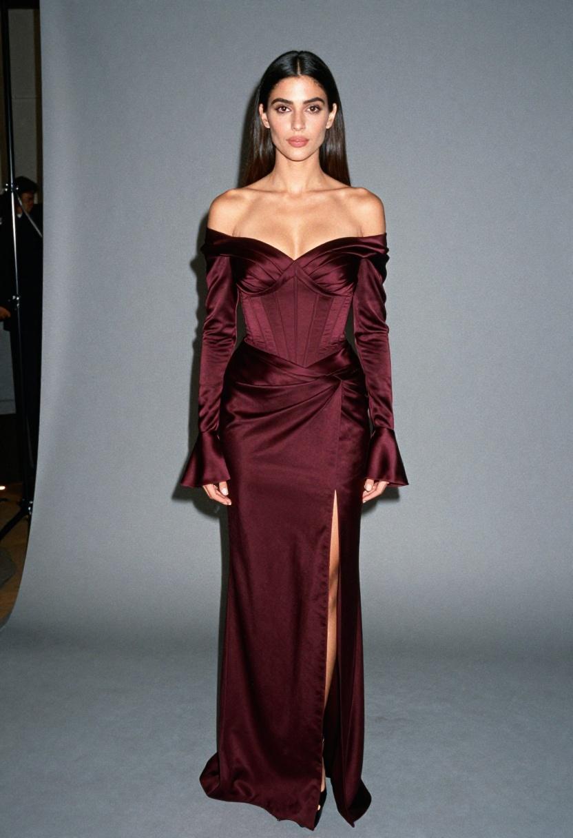 Burgundy liquid-satin off-shoulder gown with corseted waist and flared cuffs — understated red carpet luxury