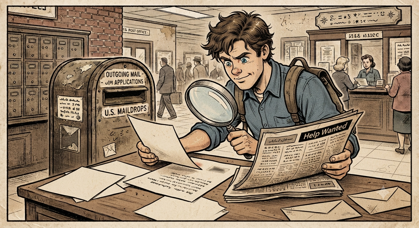 The same young graduate holding a magnifying glass up to a resume next to a newspaper job listing, comparing them closely