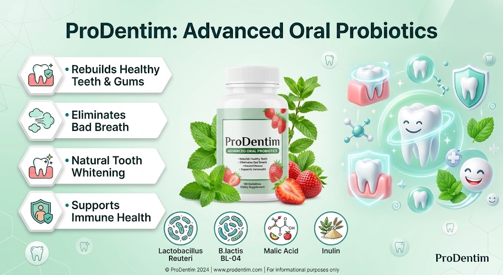ProDentim review overview infographic showing chewable oral probiotic benefits and key natural ingredients
