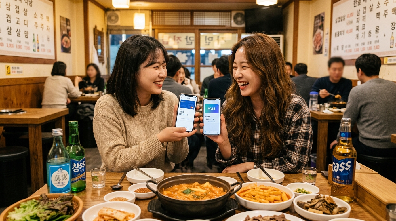 Two Koreans at a dinner table checking ages on their phones to determine social hierarchy