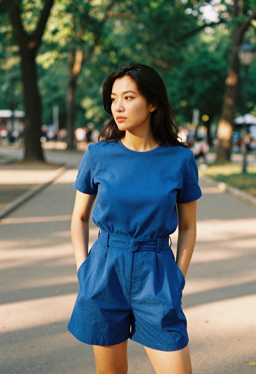 Cobalt blue wide-leg romper worn casually in sun-drenched park for spring ease