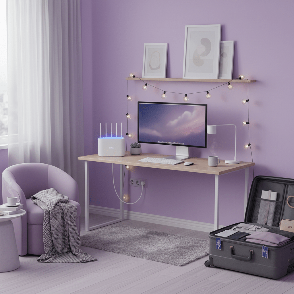 Calm furnished rental workspace designed for long-stay guests