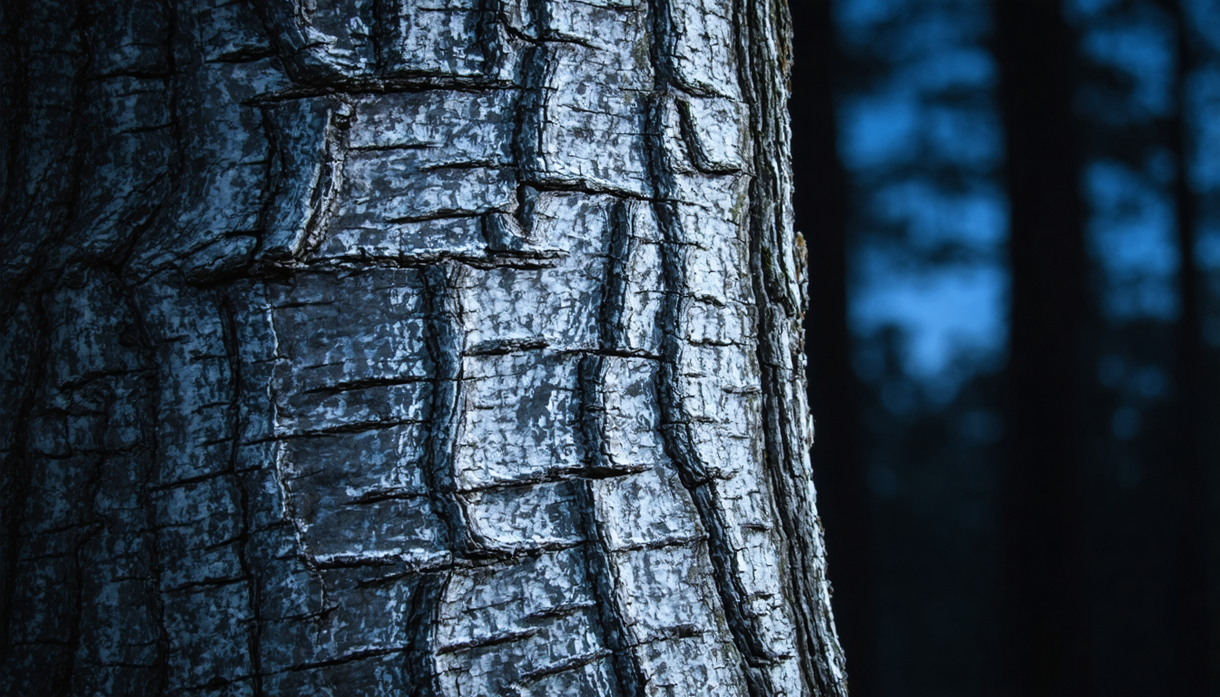Close-up of rough oak bark in dim blue nighttime light, with shallow depth of field showing the texture of the trunk against a dark forest background.