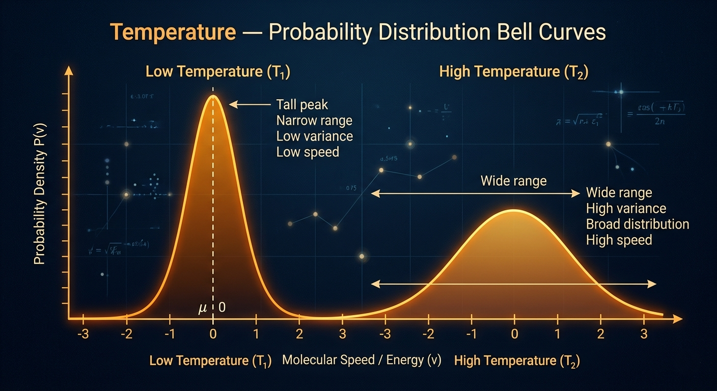 Temperature parameter probability distribution diagram showing how low and high temperature affects token selection