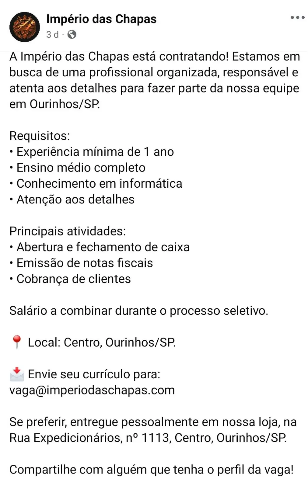 Vaga No Imp&Eacute;rio Das Chapas