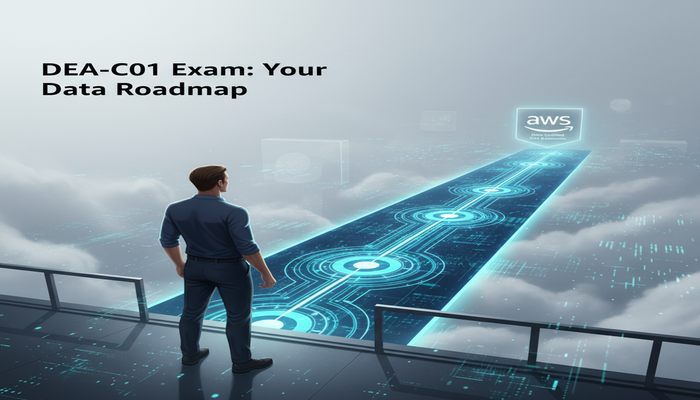 DEA-C01 Exam: Your Data Roadmap A digital art illustration depicting a professional figure embarking on a clear, glowing data pathway leading towards an AWS Certified Data Engineer - Associate badge, symbolizing the DEA-C01 exam journey and career path.