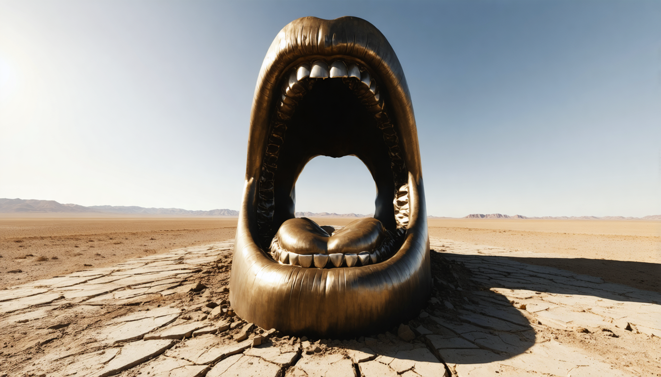 An enormous open mouth carved from polished steel, mounted in a desert landscape, facing the empty horizon with no food or object in sight.