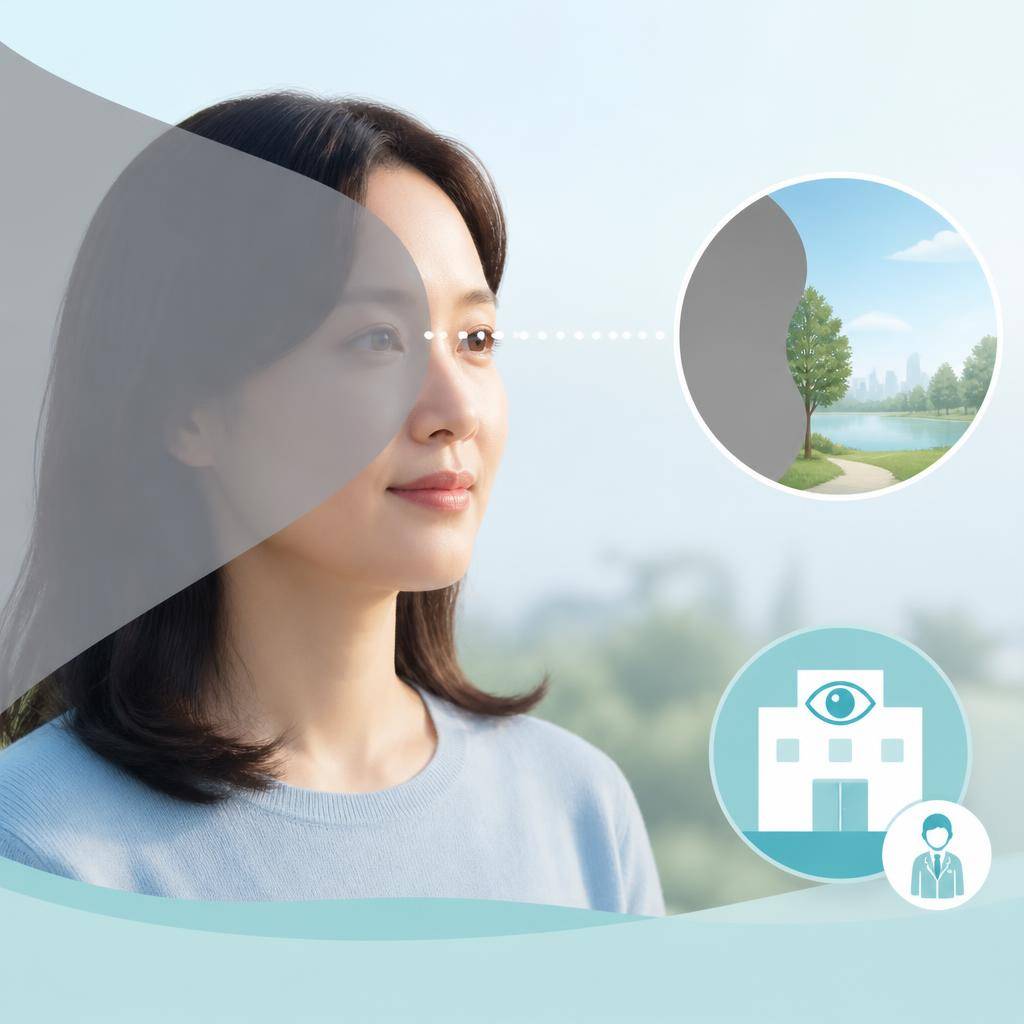 한 사람이 한쪽 눈의 주변 시야에 회색 커튼 모양의 그림자가 생긴 상황을 차분하고 이해하기
