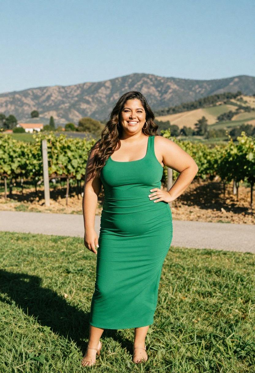 Plus size woman in forest green matte crepe column dress with understated elegance at a vineyard countryside setting